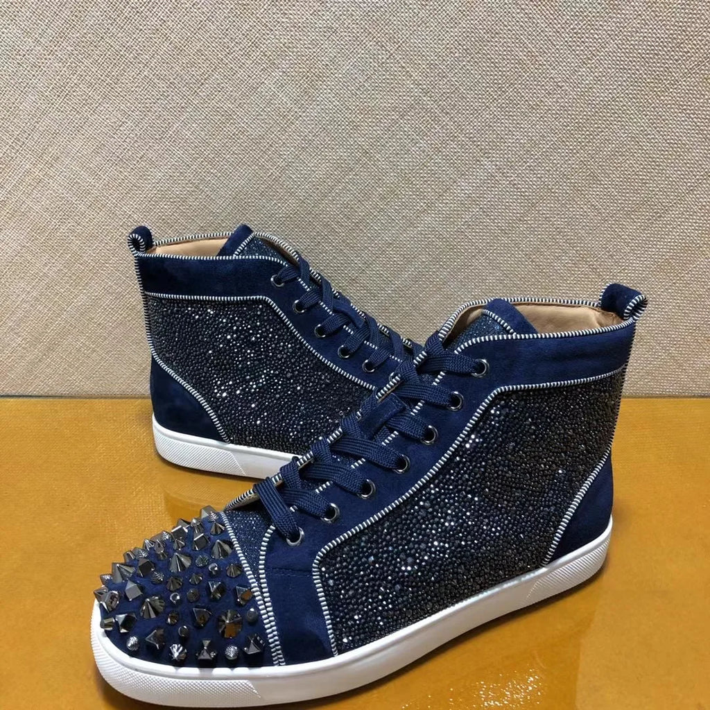 Sneakers Montantes Cuir Véritable Bleu Encre Cristaux Homme – Semelle Rouge, Lacets, Tailles 35-48 – CLEVI Paris