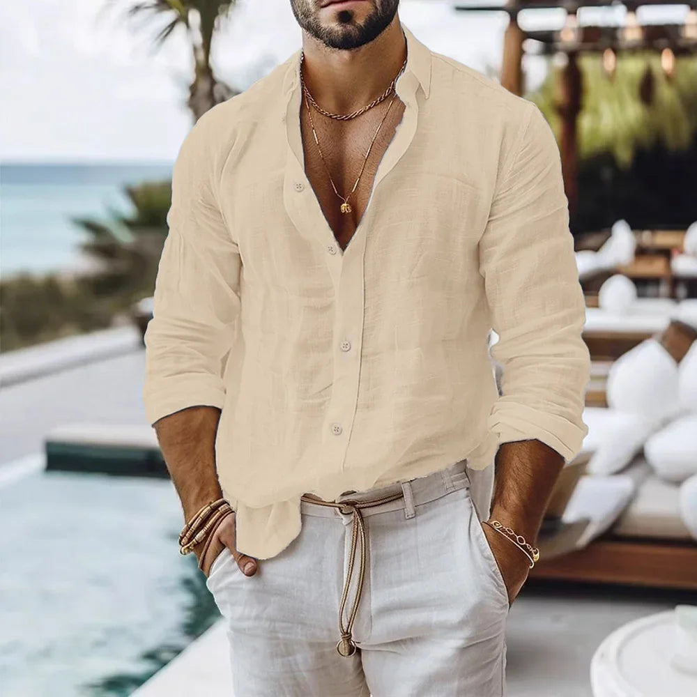 Chemise Homme Coton Lin Manches Longues Col Rabattu Style Casual Plage Respirante – CLEVI Paris