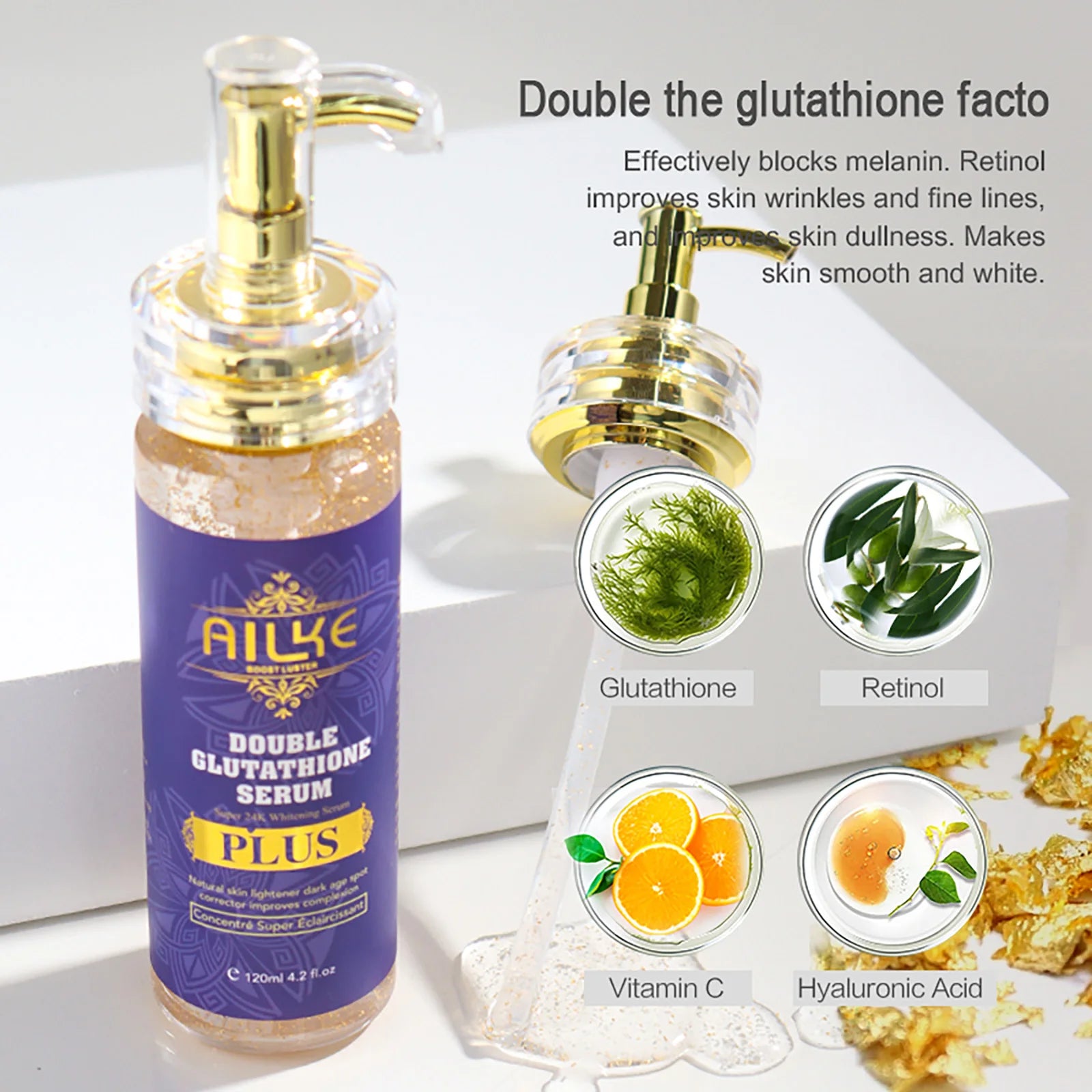 Gamme Double Glutathion PLUS AILKE – Sérum 24K Or, Lotion, Savon & Crème Anti-Taches – CLEVI Paris