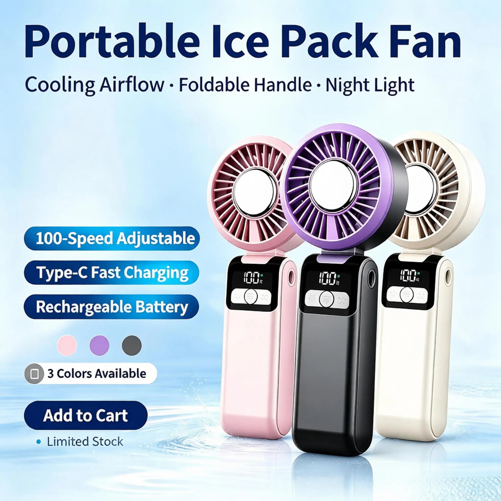 Ventilateur Portable Pliable avec Pack de Glace & Affichage LED – CLEVI Paris