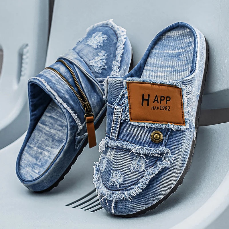 Mules Denim Homme Bleu Jean Effiloché Fermeture Éclair N-6 – CLEVI Paris