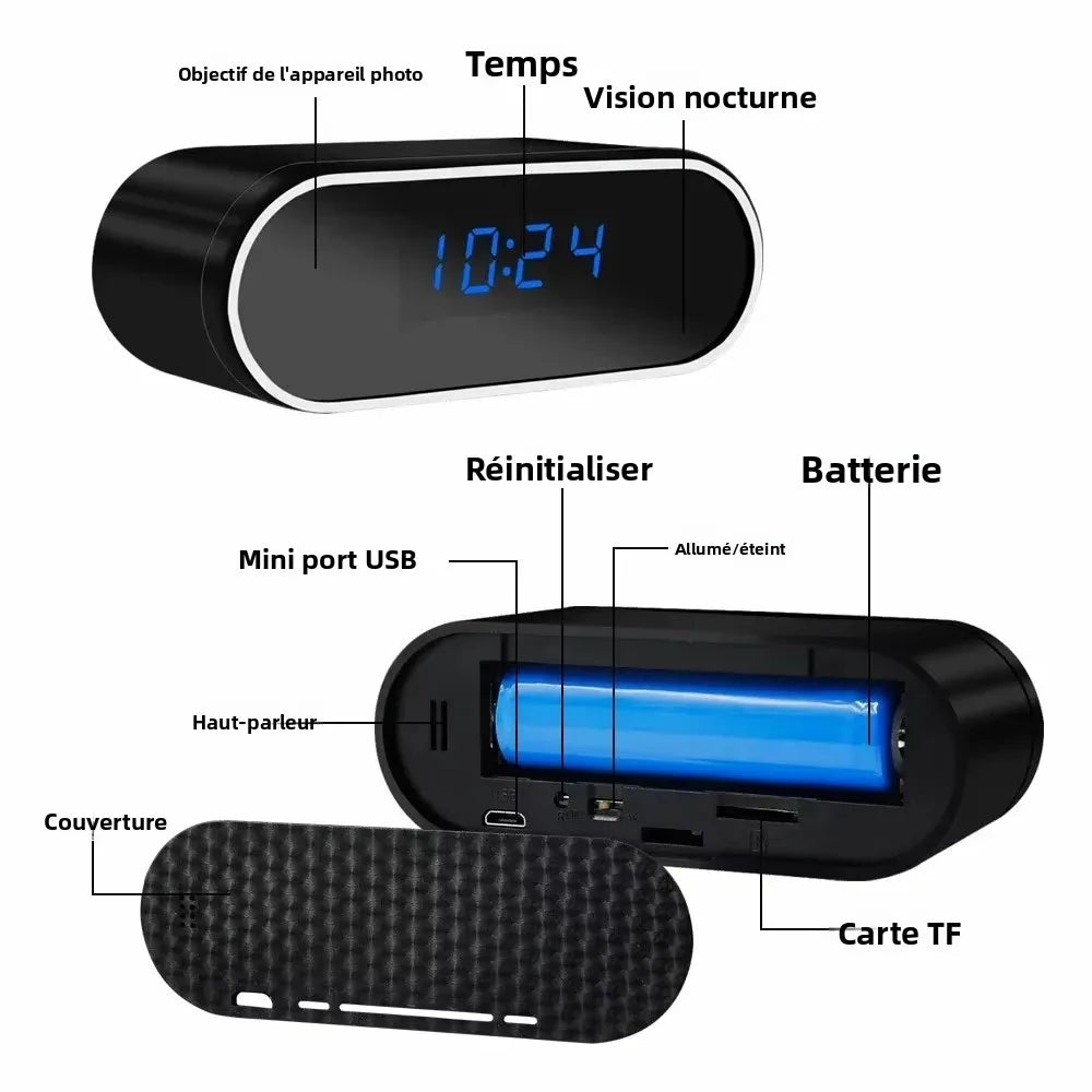 Caméra Horloge WiFi 1080P – Vision Nocturne Infrarouge, Détection de Mouvement & Surveillance à Distance – CLEVI Paris