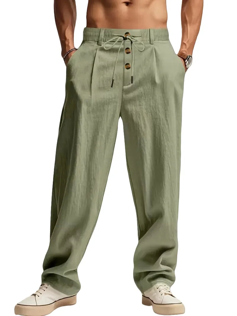 Pantalon Homme Lin Coupe Droite Loose Casual Sport Plage Cordon Taille Mi-Haute – CLEVI Paris