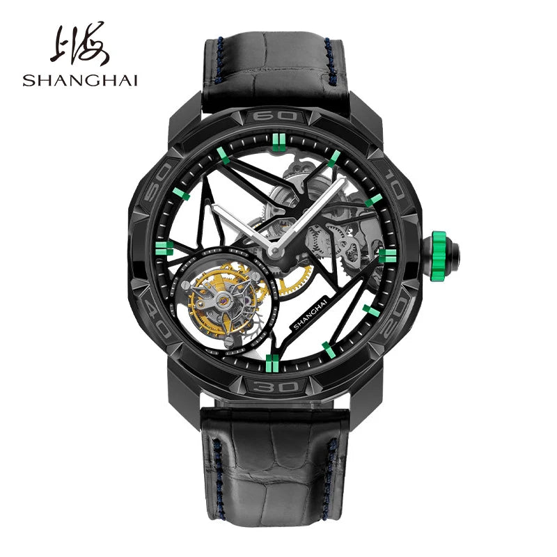 Montre Homme Manuel Tourbillon 7 Points Boîtier Octogonal Squelette Lumineux Alligator Shanghai Watch 23FB – CLEVI Paris