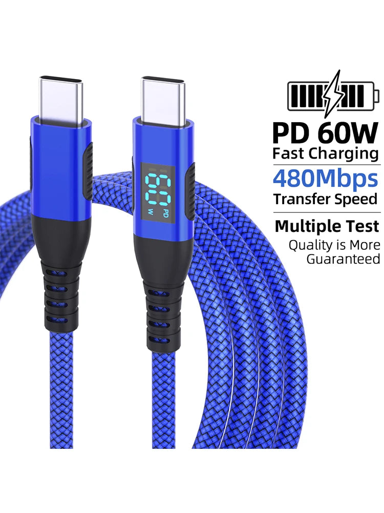 Câble USB-C vers USB-C 60W PD Affichage LED Nylon – CLEVI Paris
