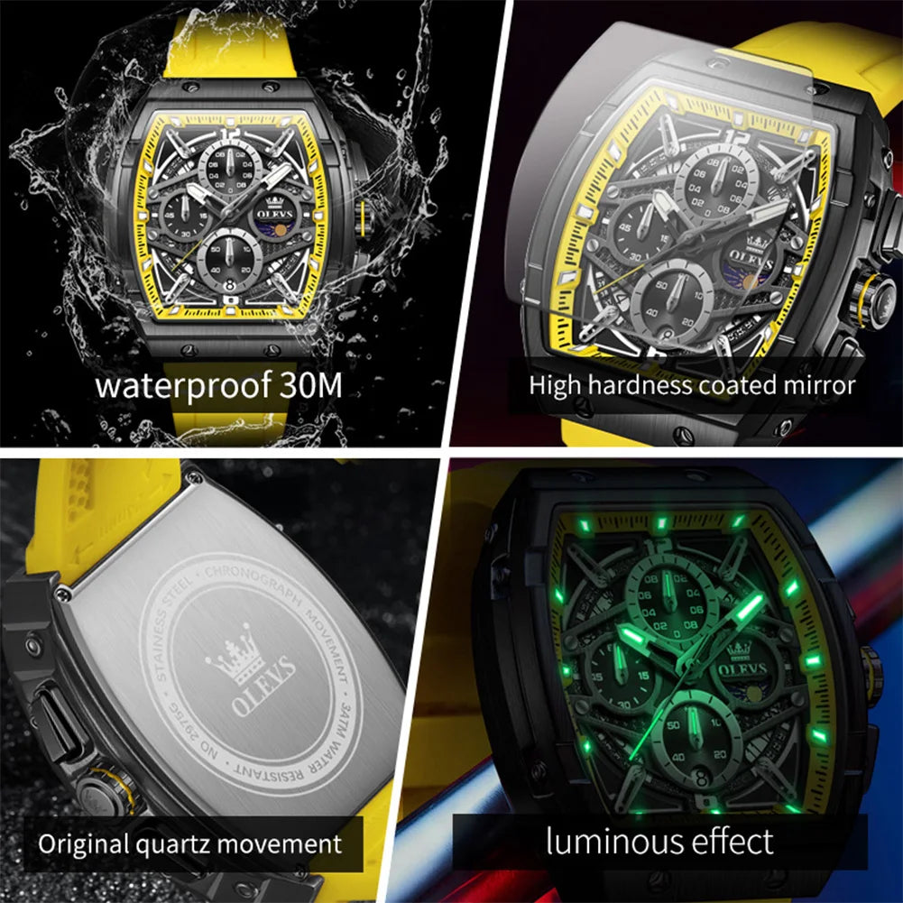 OLEVS 2975 Montre Homme Quartz Tonneau Évidé Grand Cadran Silicone Lumineux 30M – CLEVI Paris