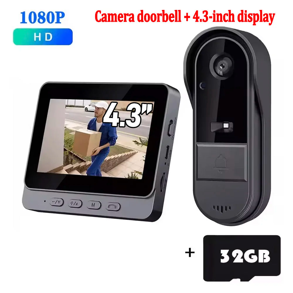 Sonnette Vidéo Sans Fil IP65 1080P – Écran 4,3" IPS Vision Nocturne IR Angle 170° Batterie 3-4 Mois – CLEVI Paris