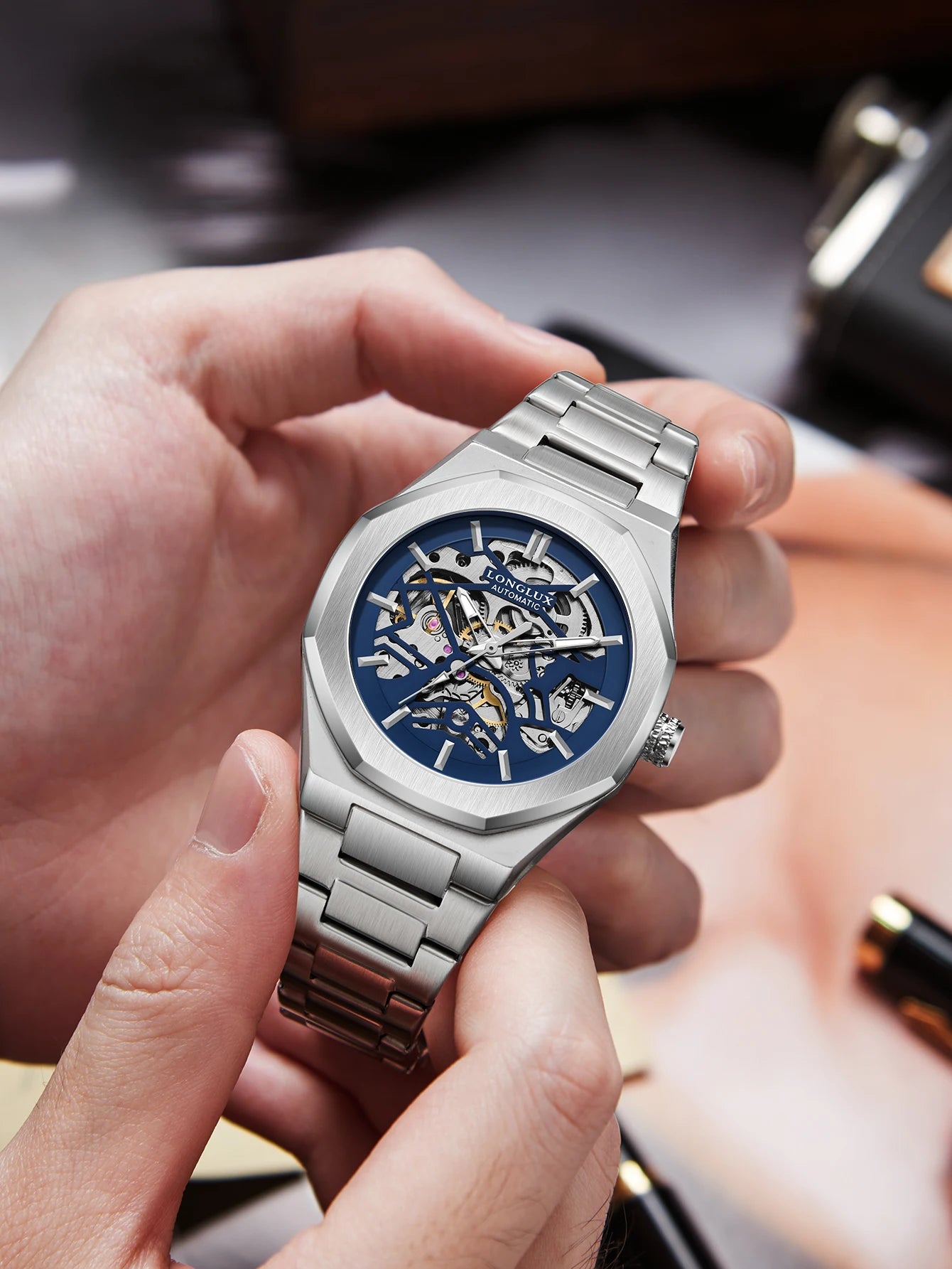 Montre Mécanique Homme LONGLUX 6269K2 – Squelette Automatique, Acier & Style Alien