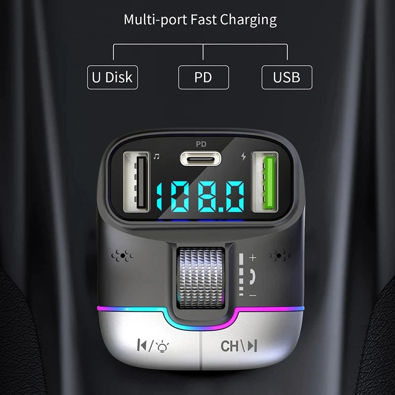 Émetteur FM Voiture Bluetooth 5.4 – Charge Rapide USB 15W + Type-C 25W AUX Lecteur MP3 Lumières Ambiance 12-24V – CLEVI Paris