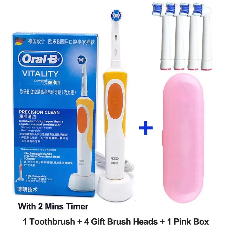 Brosse à Dents Électrique Oral-B D12 – Vibration Rotatoire 2D, IPX7, Minuterie 2 min – 4 Têtes Offertes