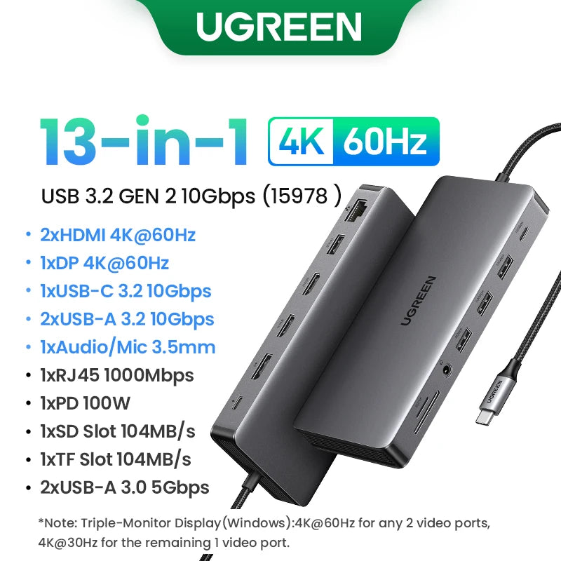 Hub USB-C UGREEN 8-en-1 Triple Écran 4K HDMI DP 10Gbps PD 100W – CLEVI Paris