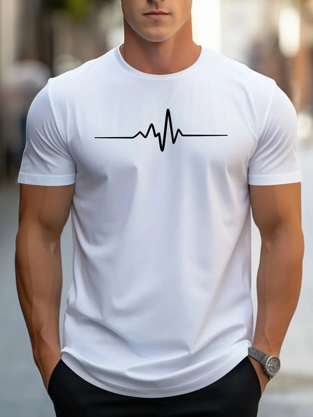T-Shirt Homme Imprimé 3D Heartbeat – Graphique, Col Rond, Manches Courtes, Grande Taille