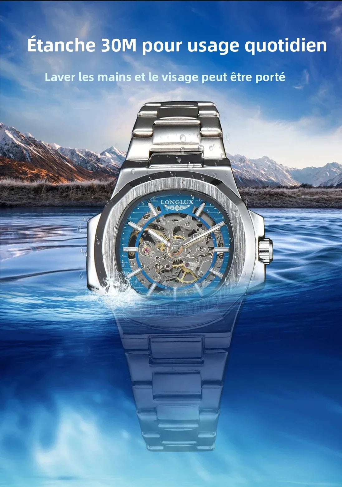 LONGLUX 8057G Montre Homme Automatique Squelette Bracelet Acier Inox Verre Hardlex 3 ATM Luxe 7 Coloris – CLEVI Paris