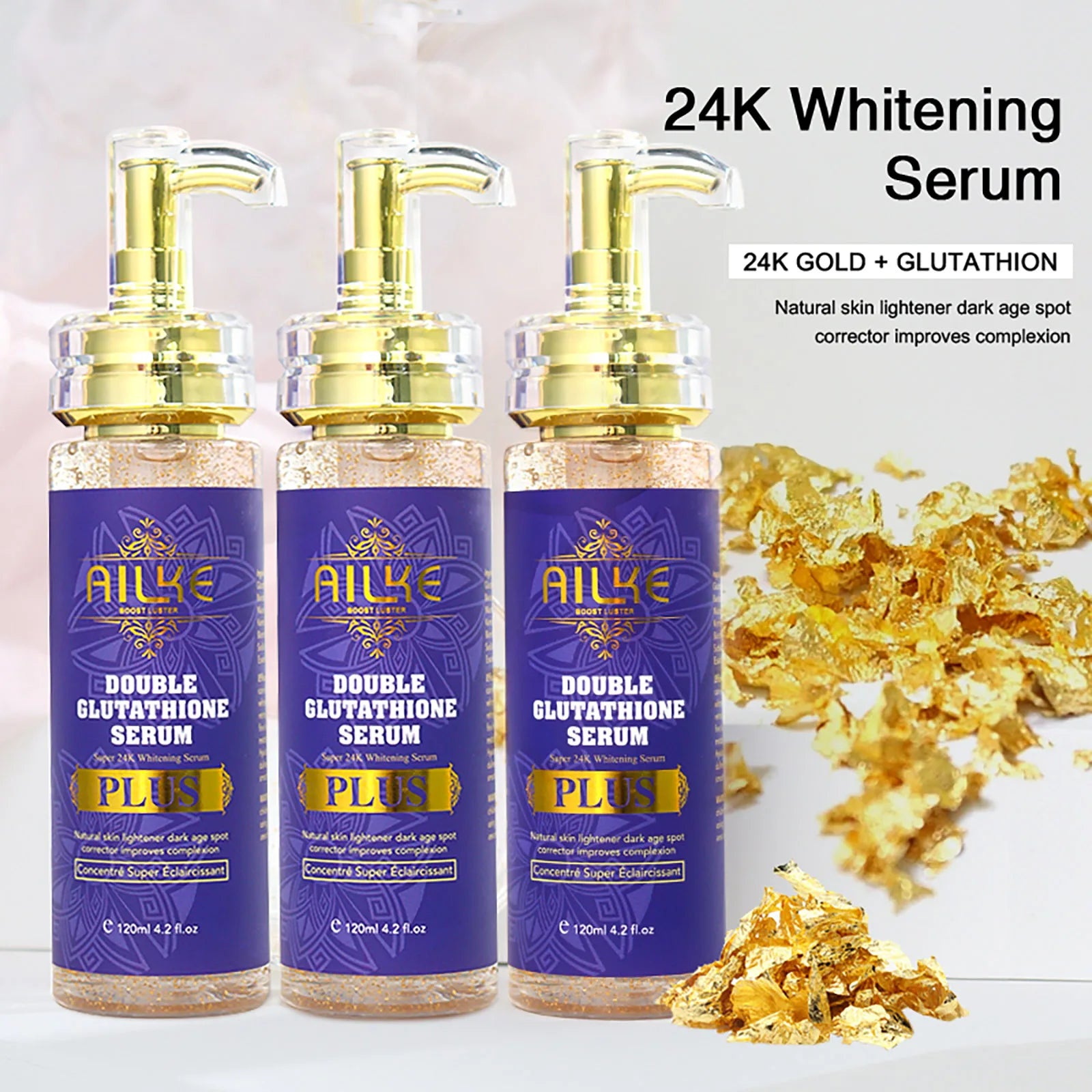 Gamme Double Glutathion PLUS AILKE – Sérum 24K Or, Lotion, Savon & Crème Anti-Taches – CLEVI Paris