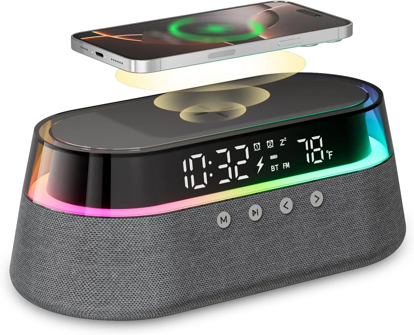 Réveil Intelligent 6-en-1 Chargeur Sans Fil 15W Enceinte Bluetooth Radio FM LED RGB – CLEVI Paris