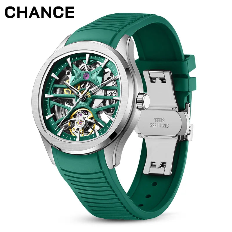 Montre Mécanique Homme Squelette Tourbillon – Boîtier Ovale Acier, Aiguilles Lumineuses & 3 Coloris