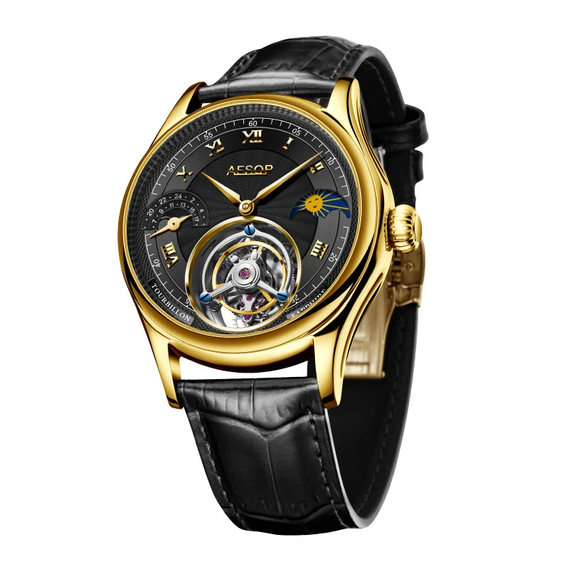 Montre Homme Tourbillon Phase de Lune AESOP 7027 – Squelette Verre Saphir Étanche 50m Garantie 3 Ans – CLEVI Paris