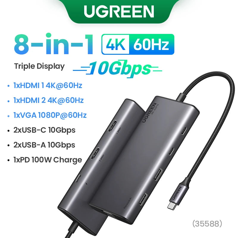 Hub USB-C UGREEN 8-en-1 Triple Écran 4K HDMI DP 10Gbps PD 100W – CLEVI Paris