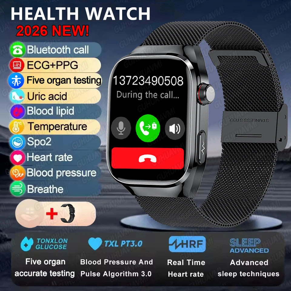 Montre Connectée Santé ECG Acide Urique IMC 5 Organes | AMOLED Verre Saphir IP68