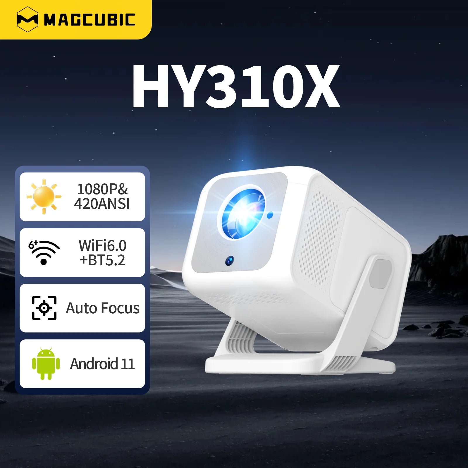 Magcubic HY310X Projecteur Android 11 1080P 4K 420 ANSI Autofocus WiFi 6 BT 5.2 Support 180° – CLEVI Paris