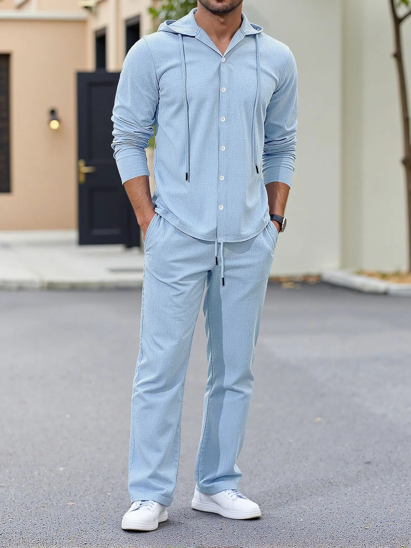 Ensemble Homme Chemise Lin À Capuche Manches Longues + Pantalon Cordon Casual Streetwear Voyage – CLEVI Paris