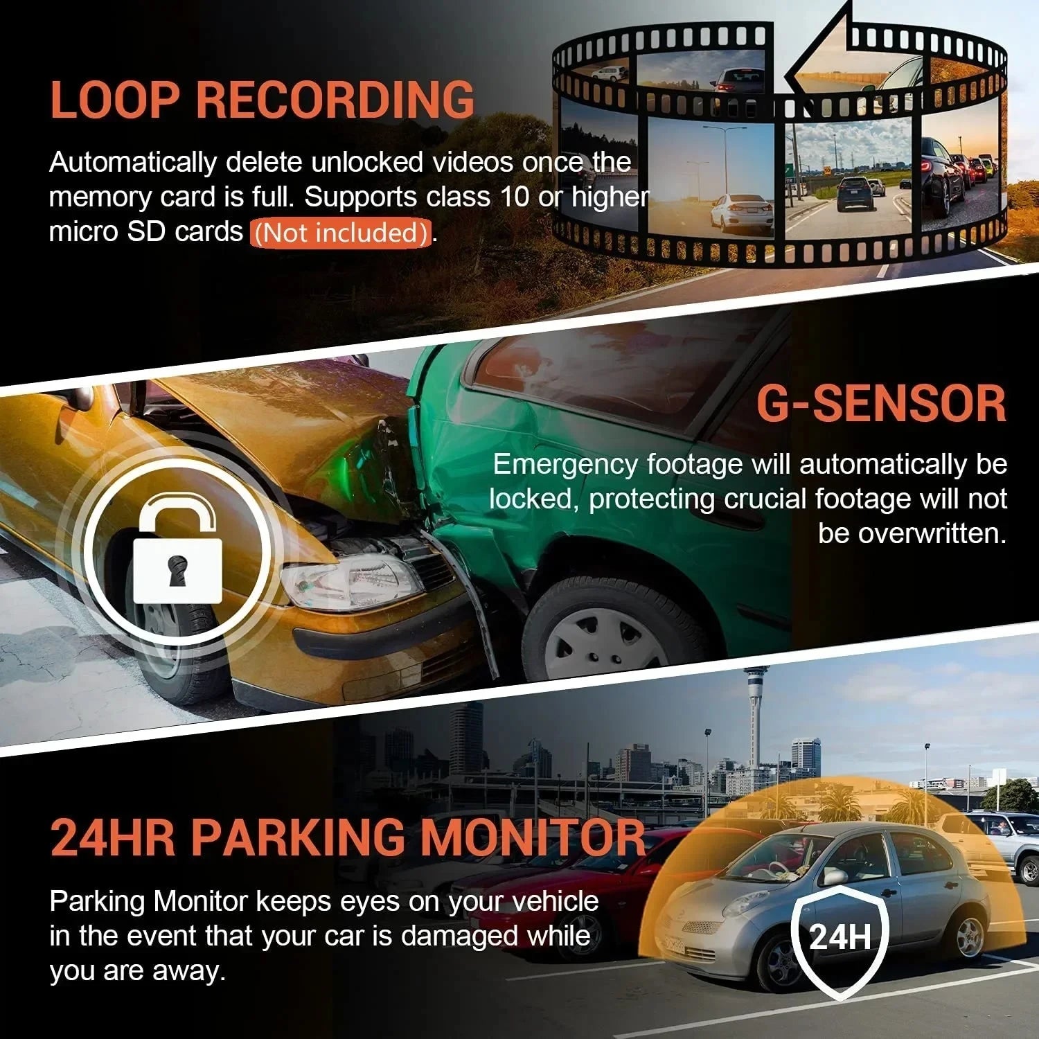 Dashcam WiFi 1080p Double Objectif – Vision Nocturne IR, G-Sensor, Grand Angle 170°, App Framefox – CLEVI Paris