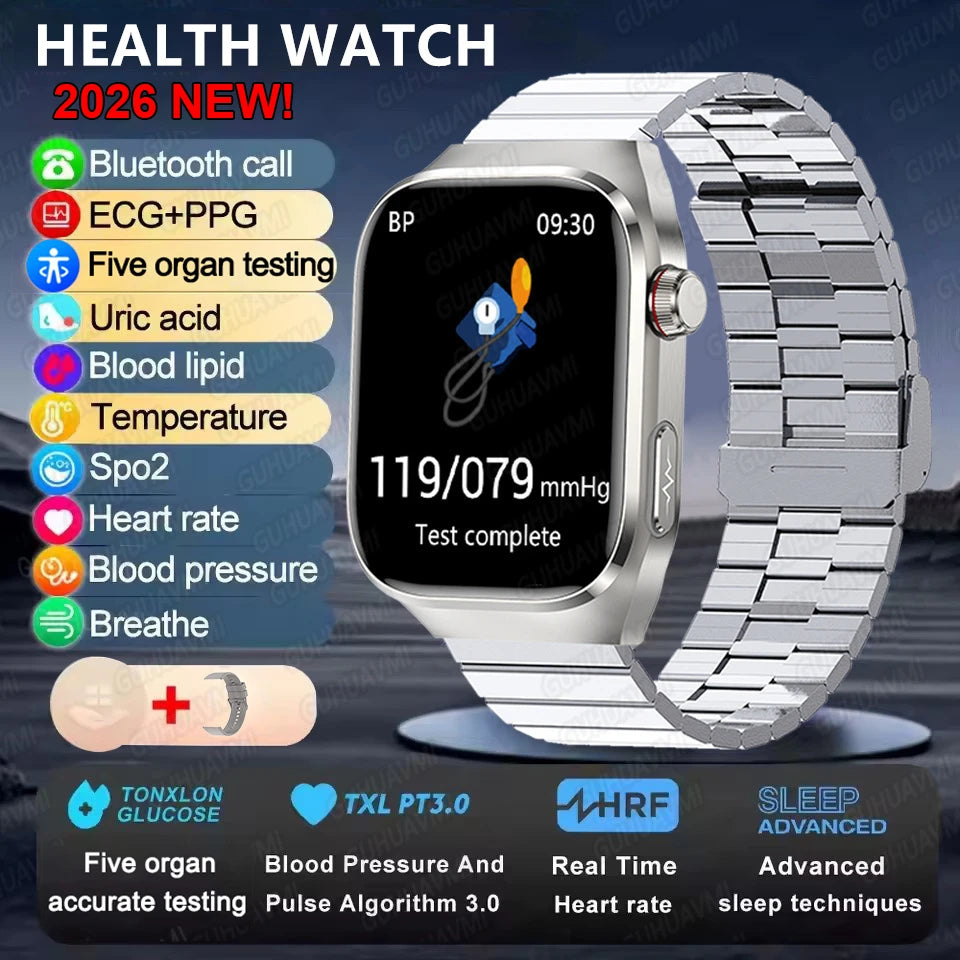 Montre Connectée Santé ECG Acide Urique IMC 5 Organes | AMOLED Verre Saphir IP68