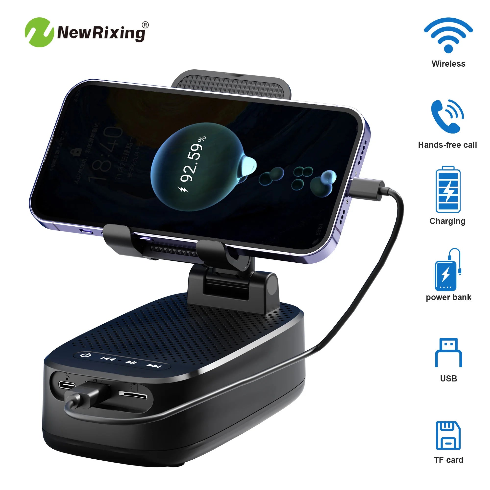 Support Téléphone 3-en-1 – Enceinte Bluetooth, Power Bank 1800mAh, Mains Libres | NewRixing