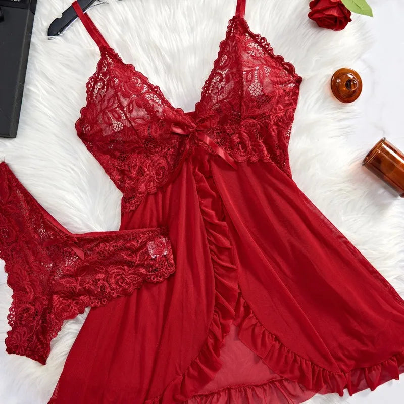Ensemble Lingerie 2 Pièces Nuisette Dentelle Tulle Col V Semi-Transparent + String Femme S-XXL – CLEVI Paris