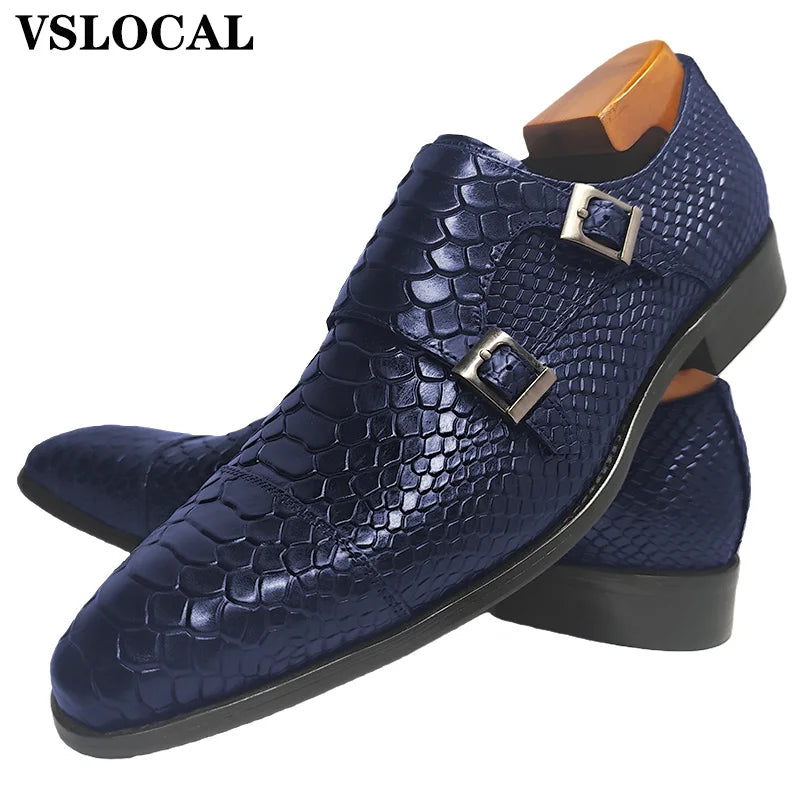 Chaussures Homme Cuir Véritable VSLOCAL – Monk Strap Double Boucle Imprimé Serpent Slip-On – CLEVI Paris