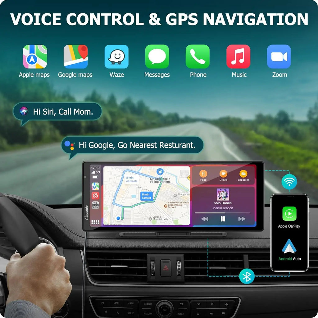 Écran CarPlay Android Auto Sans Fil 7"/10,26" – Dashcam 4K Double Objectif GPS WiFi 5G Caméra Recul – CLEVI Paris