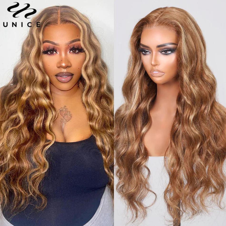 Perruque Body Wave brune à mèches blondes 7x5 – CLEVI Paris
