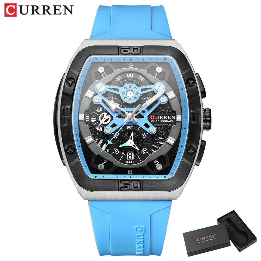 Montre Chronographe Homme CURREN – Boîtier Tonneau, Bracelet Silicone Sport