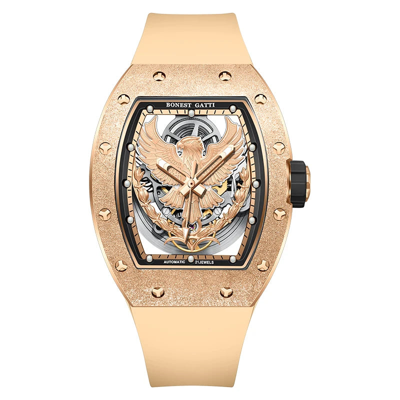Montre BONEST GATTI BG5002 – Automatique Tonneau 45 mm, Cadran Aigle Lumineux, Verre Saphir, Bracelet Caoutchouc, Étanche 3 ATM – CLEVI Paris