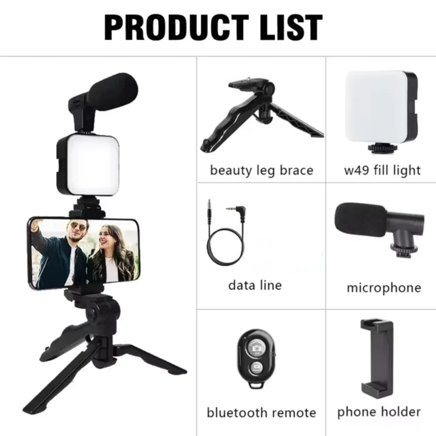 Kit Vlogging Smartphone Trépied Aluminium + Micro + Lumière LED | TikTok YouTube Live