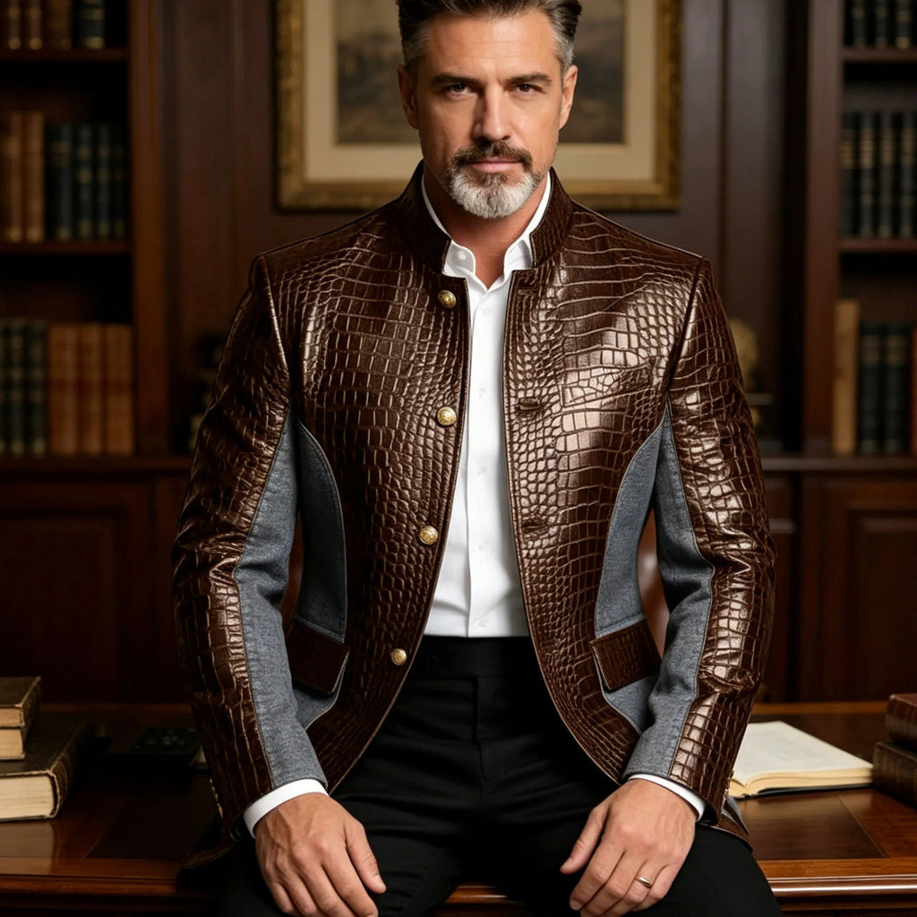 Blazer en cuir PU de luxe marron pour homme, effet croco, patchwork denim, col montant, coupe ajustée, idéal pour affaires, décontracté ou soirée