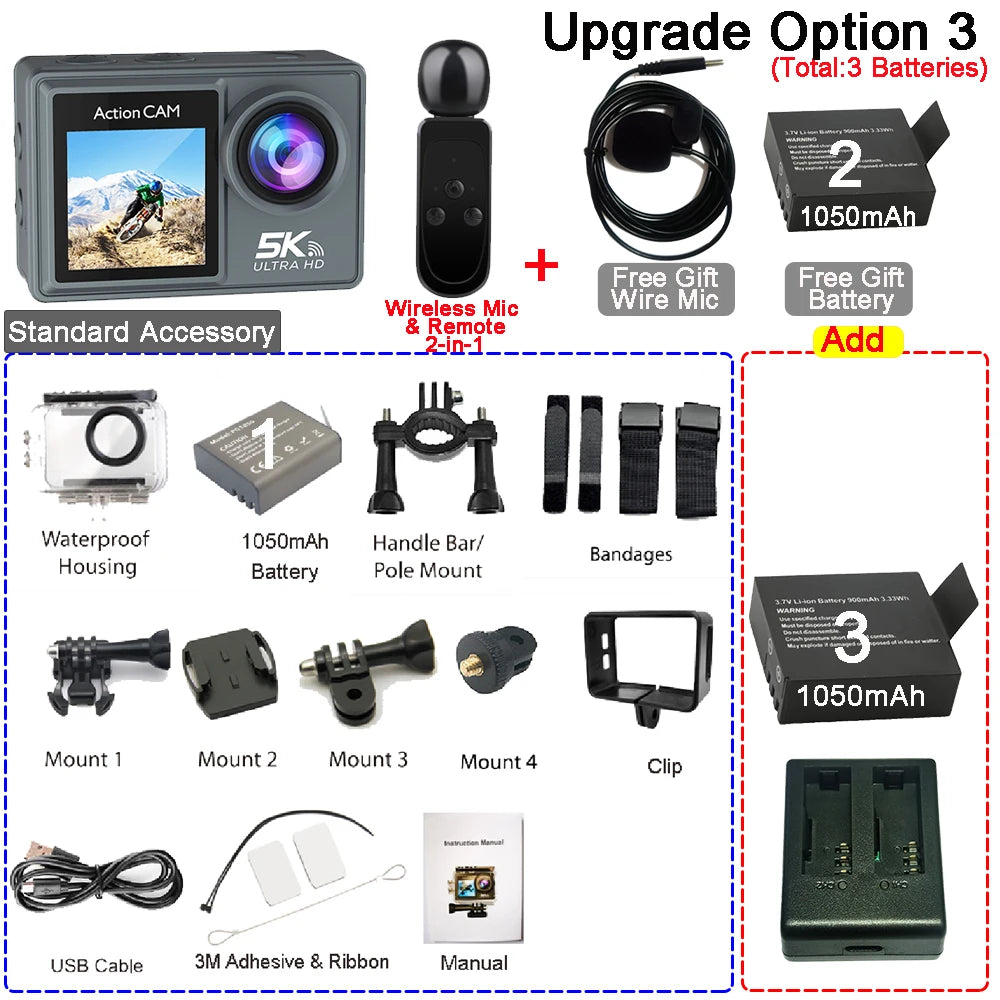 Action Cam HUAFANT M4R 5K 4K60fps – EIS 6 Axes, Grand Angle 170°, Étanche 30m, Micro Sans Fil, Double Écran IPS, WiFi – CLEVI Paris