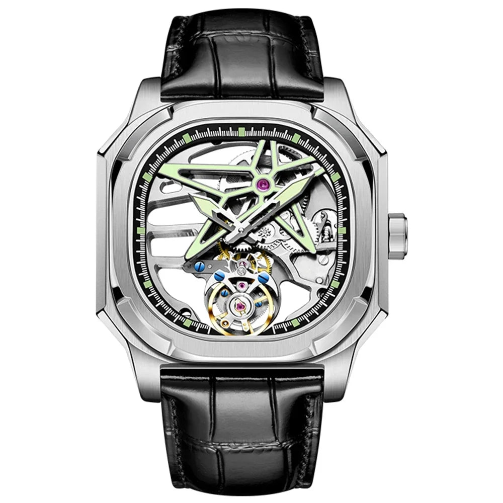 Montre AESOP 7052 – Tourbillon Mécanique Squelette, Diamant Naturel, Verre Saphir, Acier 316L, Cuir, Étanche 5 ATM, Garantie 3 ans – CLEVI Paris