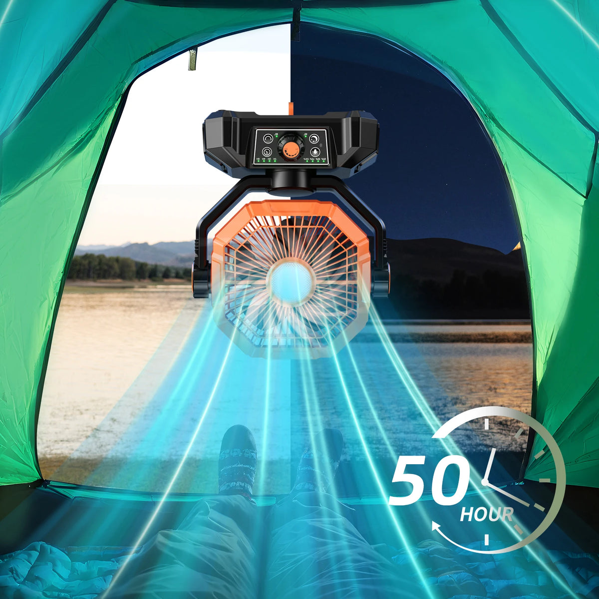 Ventilateur de camping 20000 mAh, LED, télécommande – CLEVI Paris