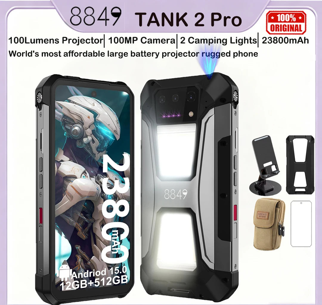 8849 Tank 2 Pro Smartphone Rugged Projecteur DLP 100lm Helio G99 23800mAh Android 15 IP68 – CLEVI Paris