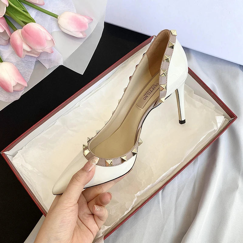 Escarpins Femme Talons Aiguilles Cuir Verni Rivets – CLEVI Paris