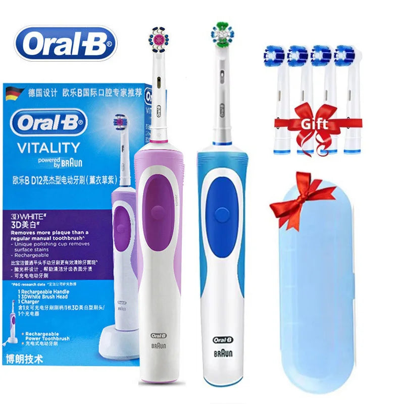 Brosse à Dents Électrique Oral-B D12 – Vibration Rotatoire 2D, IPX7, Minuterie 2 min – 4 Têtes Offertes