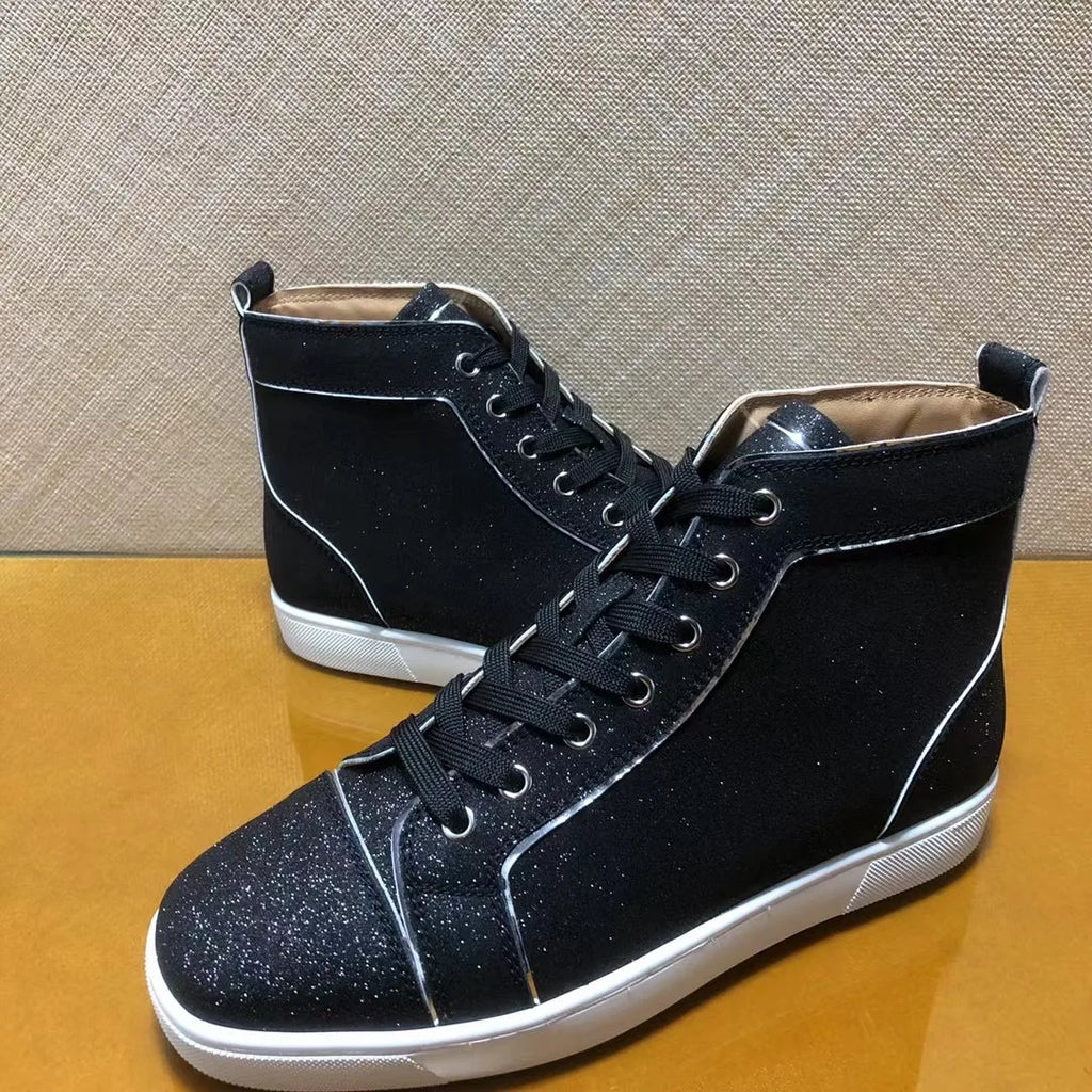 Sneakers Montantes Cuir Glitter Noir Homme – Semelle Rouge, Lacets, Tailles 35-48 – CLEVI Paris