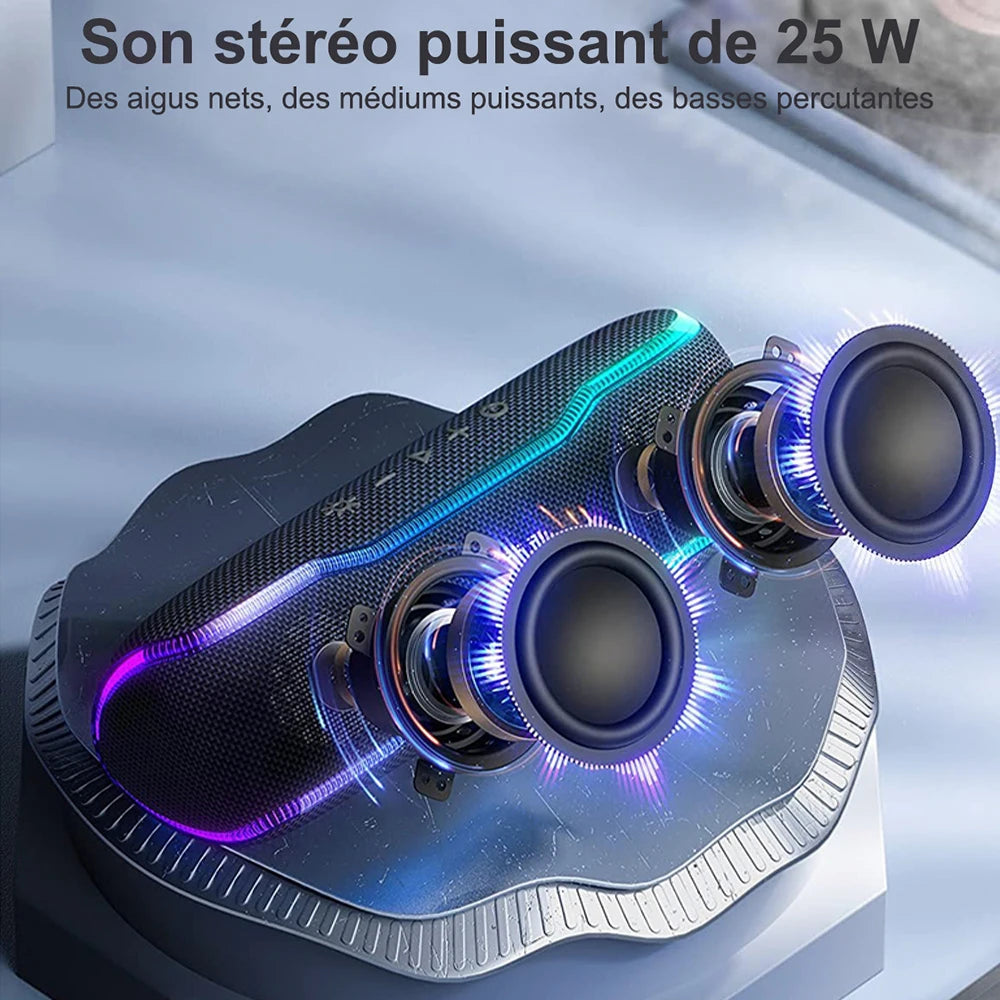 Enceinte Bluetooth Outdoor 25W – IPX7, 24h, Lumières RGB, Stéréo | WISETIGER F10C