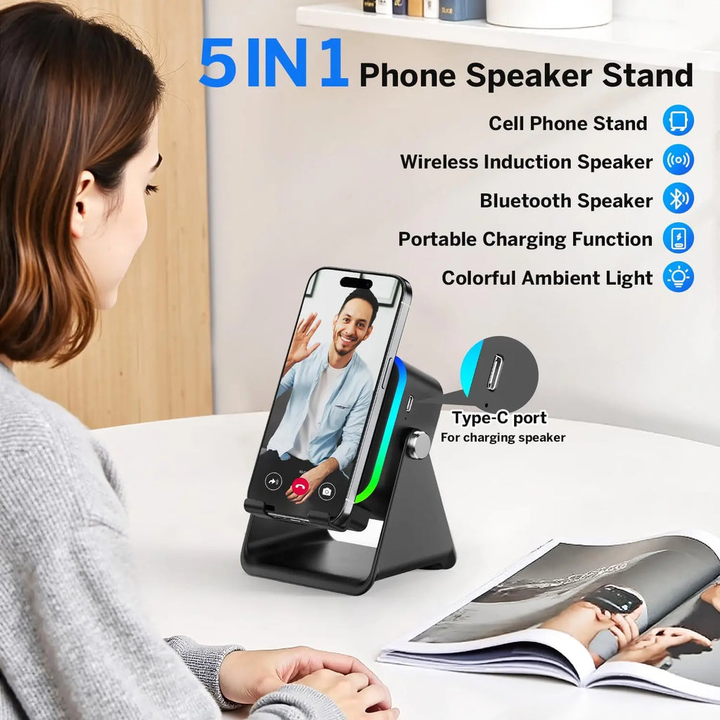 Support Téléphone 5-en-1 – Enceinte Induction HiFi, 8 LED RGB, Power Bank 5000mAh | Newmsnr