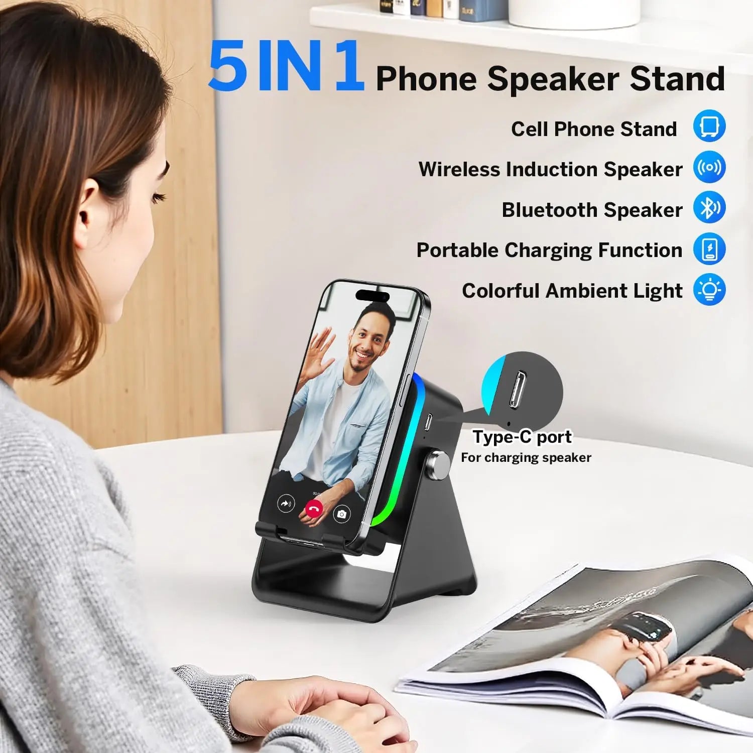 Support Téléphone 5-en-1 – Enceinte Induction HiFi, 8 LED RGB, Power Bank 5000mAh | Newmsnr