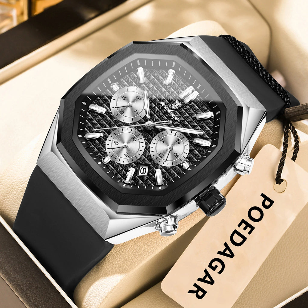 POEDAGAR Montre Quartz Homme Chronographe Carré Silicone Lumineux Date Auto – CLEVI Paris
