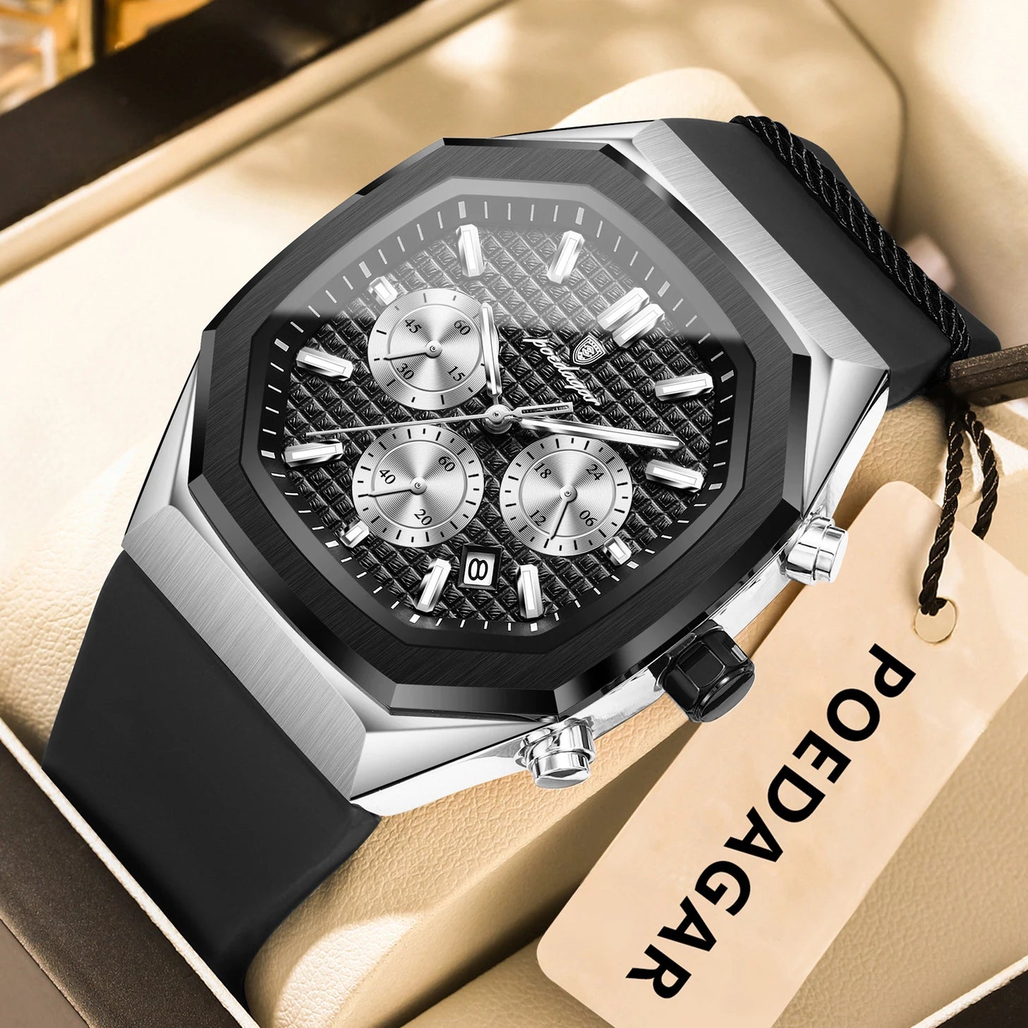 POEDAGAR Montre Quartz Homme Chronographe Carré Silicone Lumineux Date Auto – CLEVI Paris