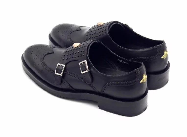 Oxford Monk Strap Rivets Noir – Cuir Vache | Semelle Caoutchouc | Homme