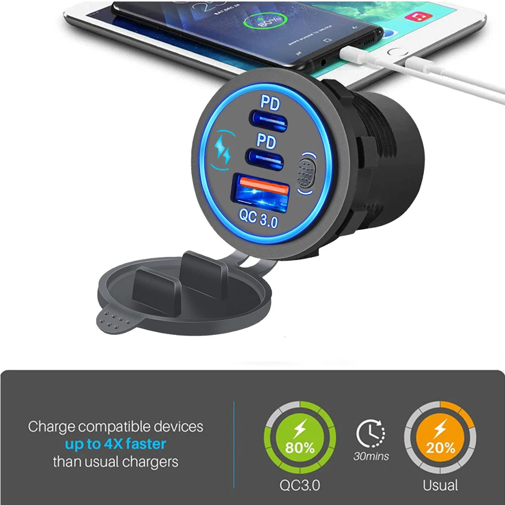 Prise Chargeur USB Voiture 78W PD3.0 QC3.0 Double Port USB-C Étanche LED 12V/24V – CLEVI Paris
